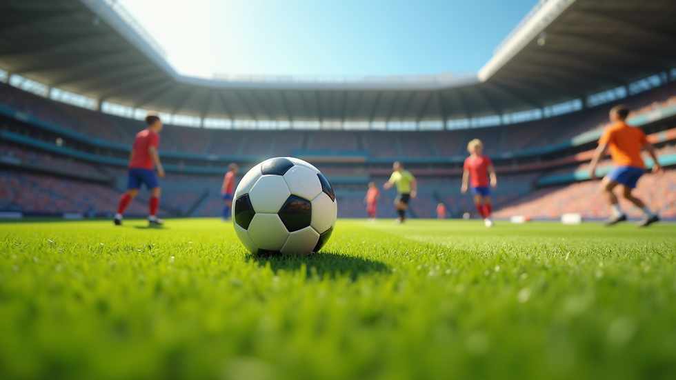 Eye-level view of a vibrant soccer field with animated characters