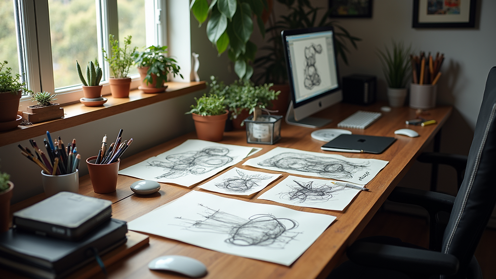 High angle view of a creative studio workspace with animation sketches and computer