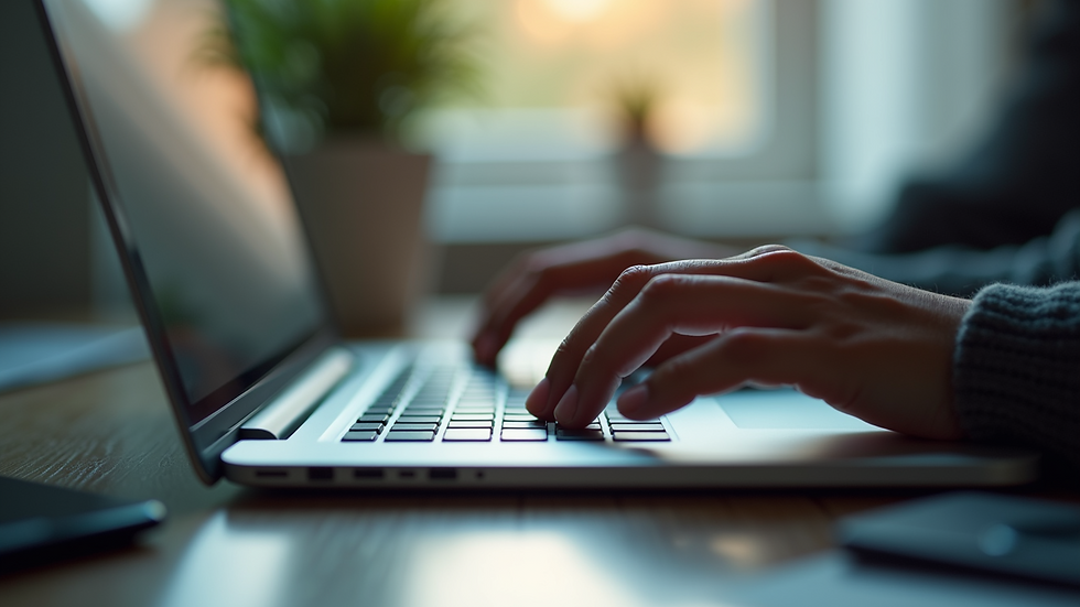 Close-up view of a person typing SEO keywords on a laptop keyboard