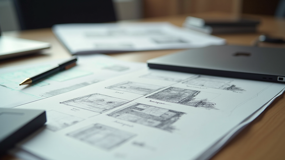 Close-up view of a designer’s desk with sketches and digital branding tools