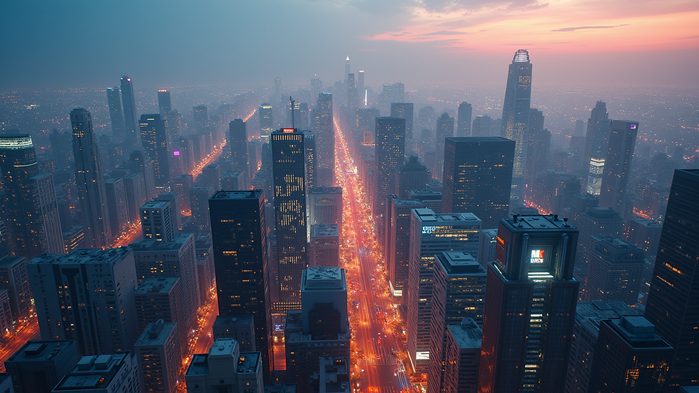 High angle view of a vibrant cityscape showcasing CGI technology