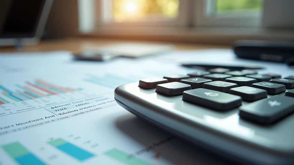 High angle view of a calculator and financial documents on a desk