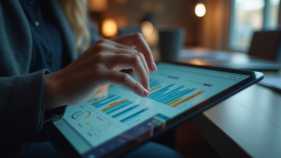 Close-up view of a person analyzing SEO data on a tablet