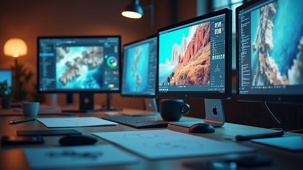 Eye-level view of a modern creative workspace with digital screens and design tools