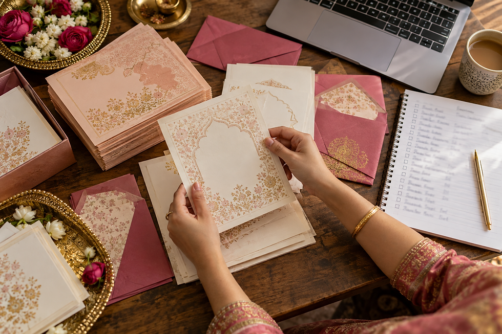 Wedding invitations and RSVP checklist arranged on a planning desk