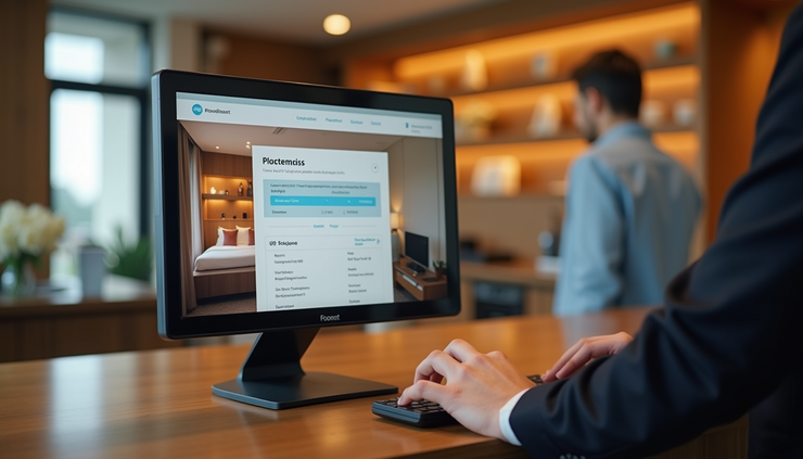 Eye-level view of a hotel front desk with a computer screen showing room booking details