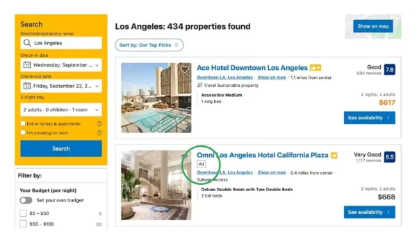 Example of B.com´s Native Ads showing in their search results, seen in the U.S. market.