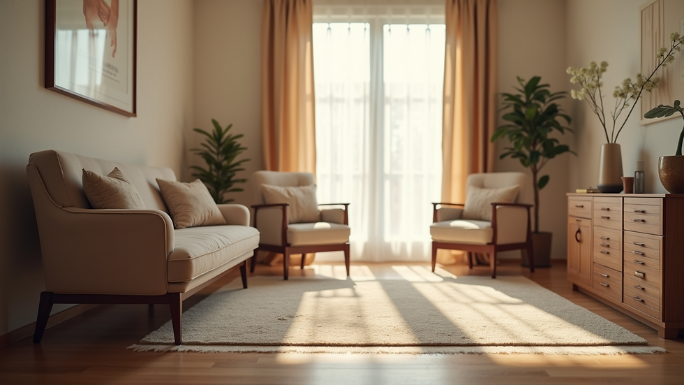 Eye-level view of a cozy therapy room with comfortable seating