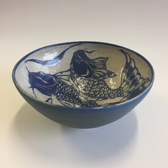 Sgraffito carved stoneware Koi bowl