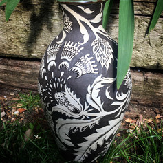 Stoneware India vase, handbuilt black clay with sgraffito decoration, SOLD