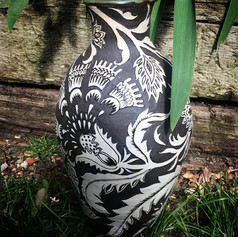 Stoneware India vase, handbuilt black clay with sgraffito decoration, SOLD