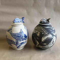 Koi design ginger jars, stoneware- SOLD