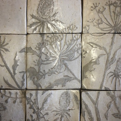 Bespoke stoneware kitchen splashback, handmade tiles with sgraffito decoration