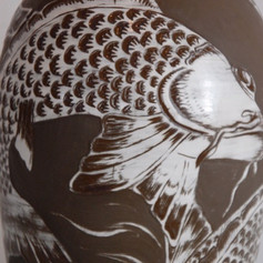 Koi carp thrown lamp base, sgraffito decoration and black stoneware clay, SOLD