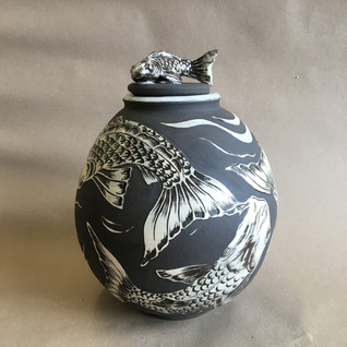 Black stoneware Koi jar SOLD