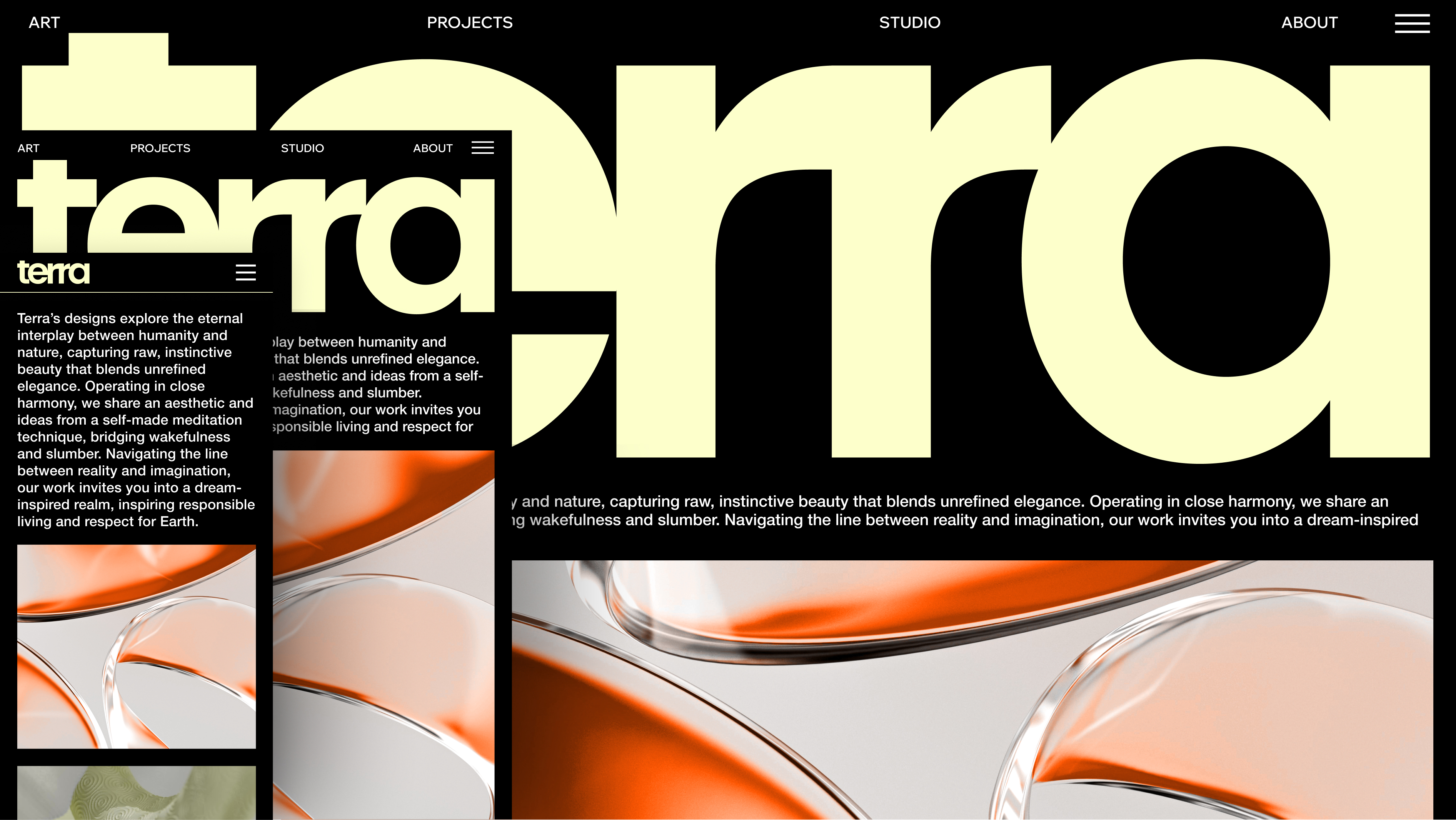 Example 'Terra' art studio site shown at desktop, tablet and mobile widths, with the layout adapting to each.