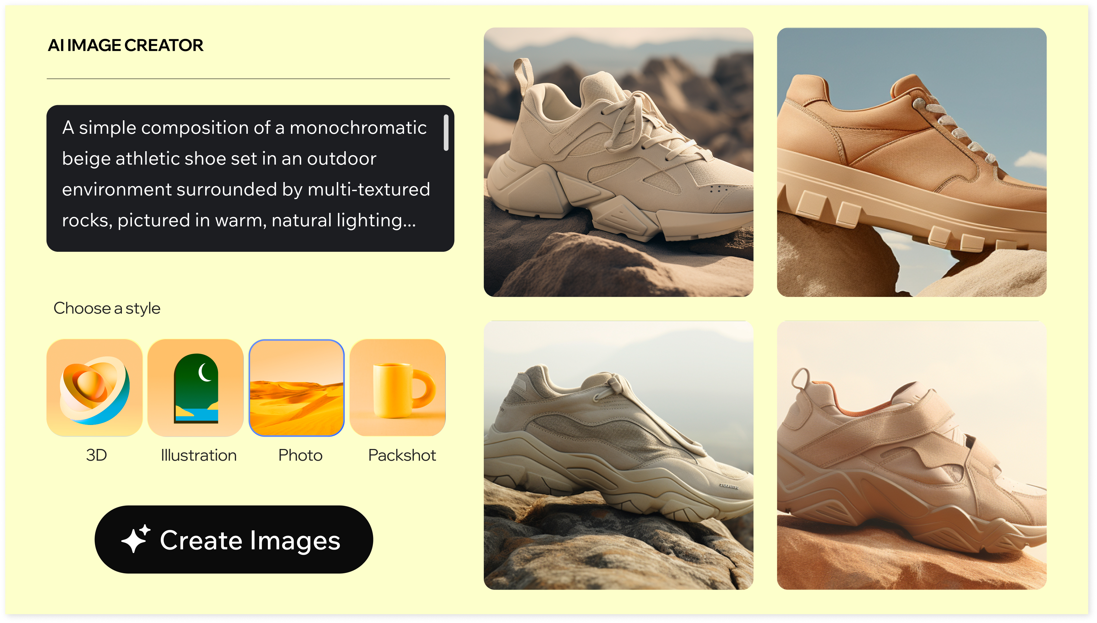 Illustration of the AI image creator: a prompt for a beige sneaker on rocks, style options, and four generated sneaker images.
