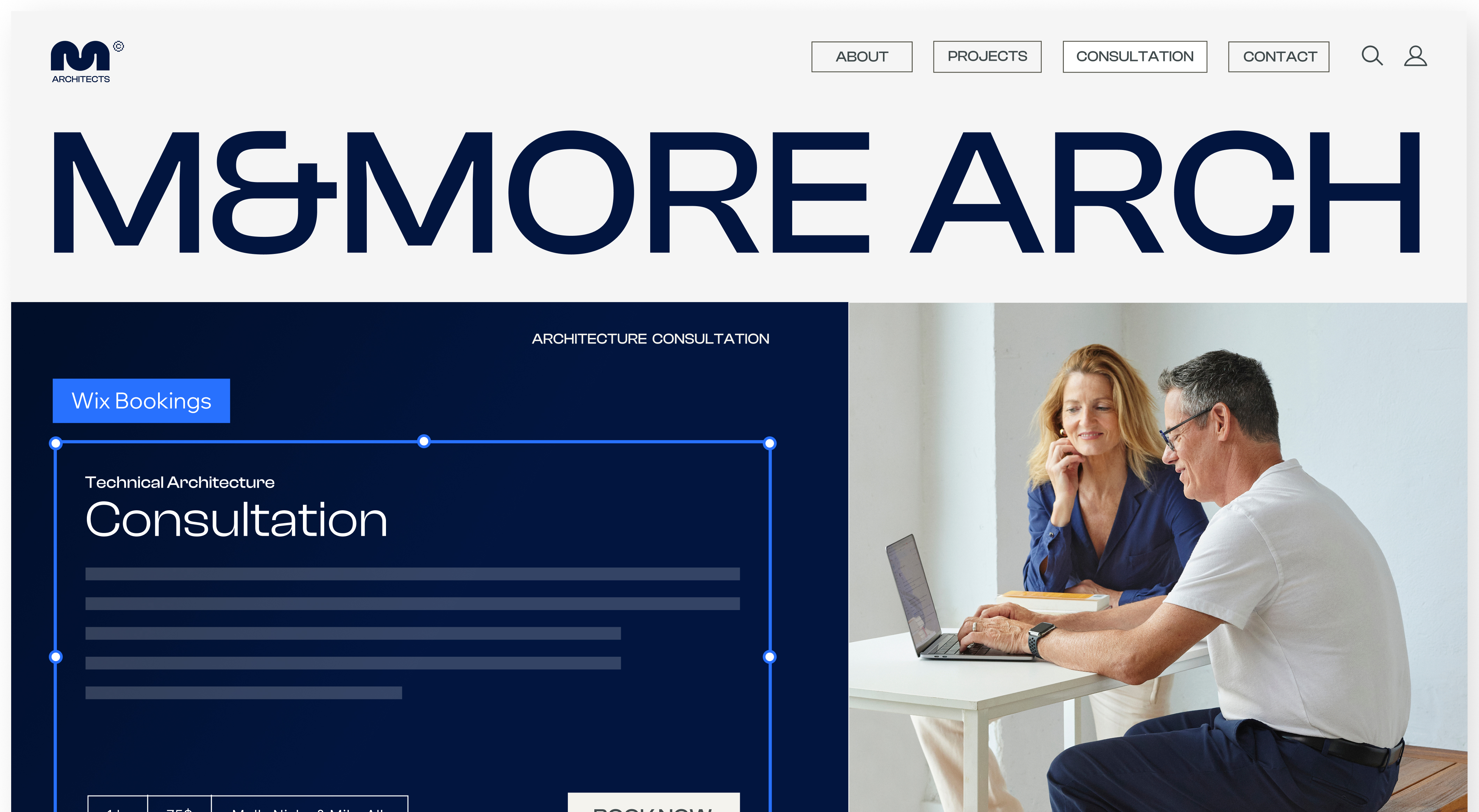 Example architecture firm website with a Wix Bookings consultation section being edited, beside a photo of two people at a laptop.
