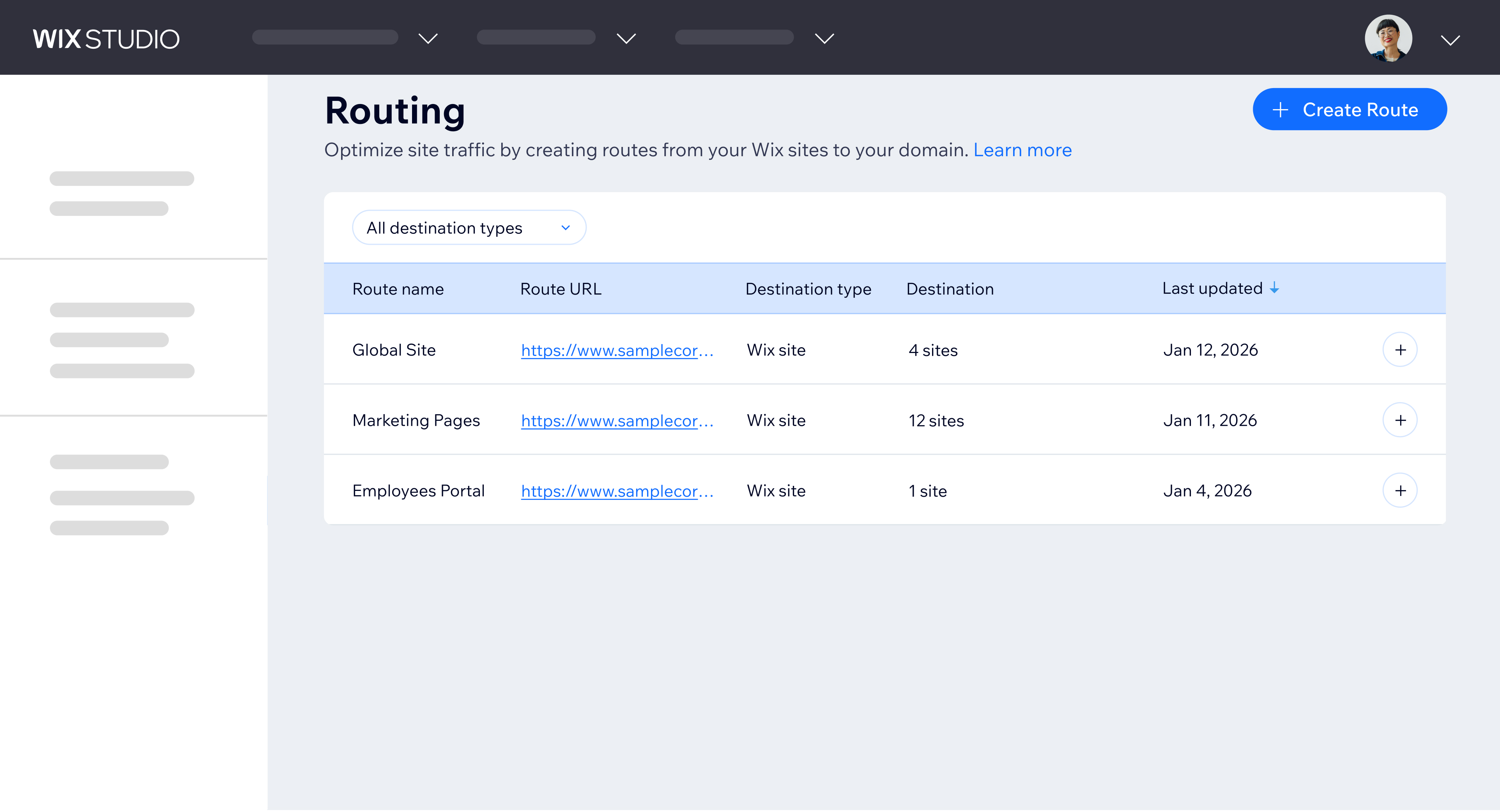 Enterprise Dashboard Routing page listing routes like Global Site and Marketing Pages, each pointing to one or more Wix sites.