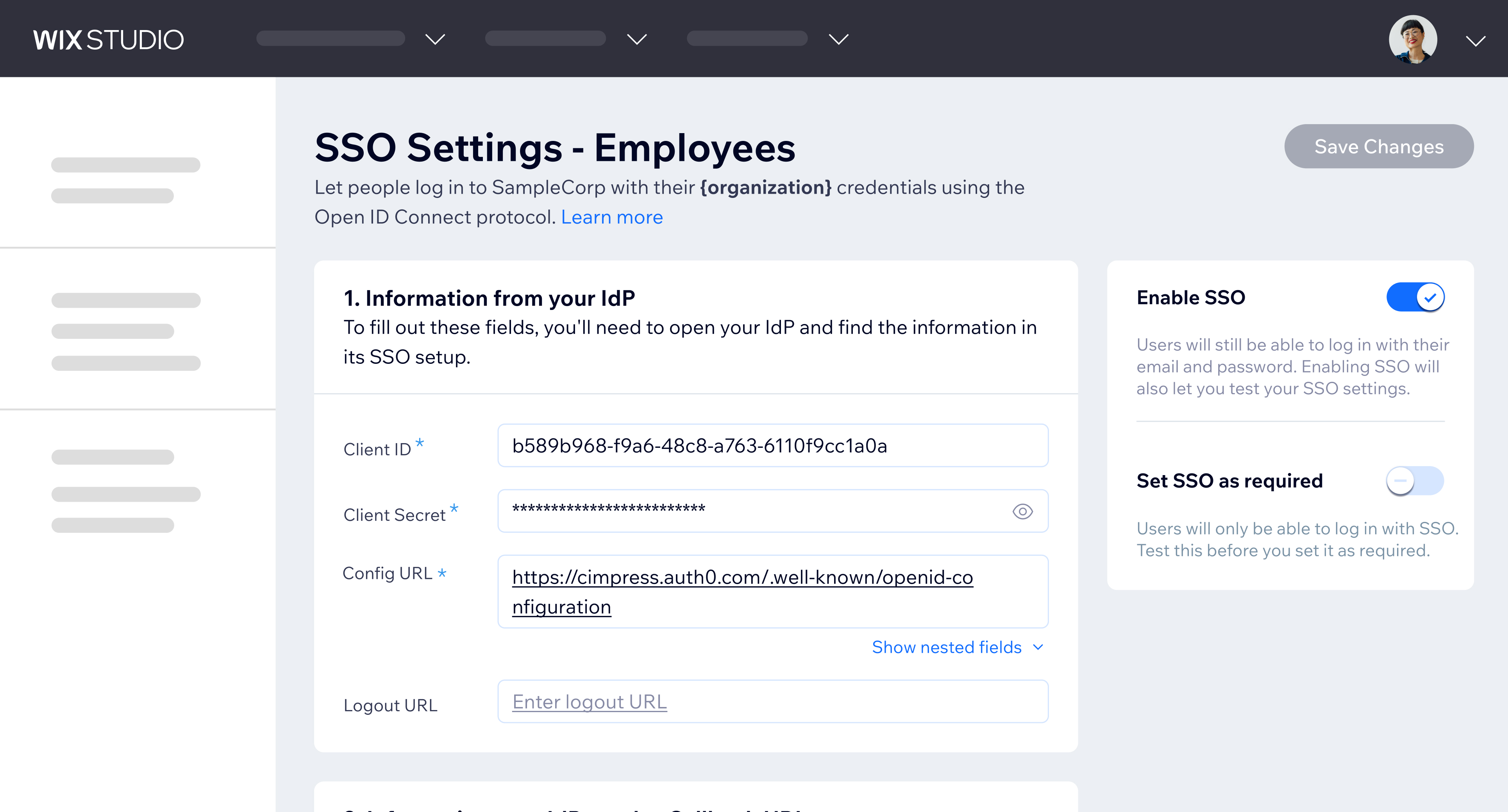 SSO settings page for employees with identity provider fields and toggles to enable SSO or require it as the only login method.