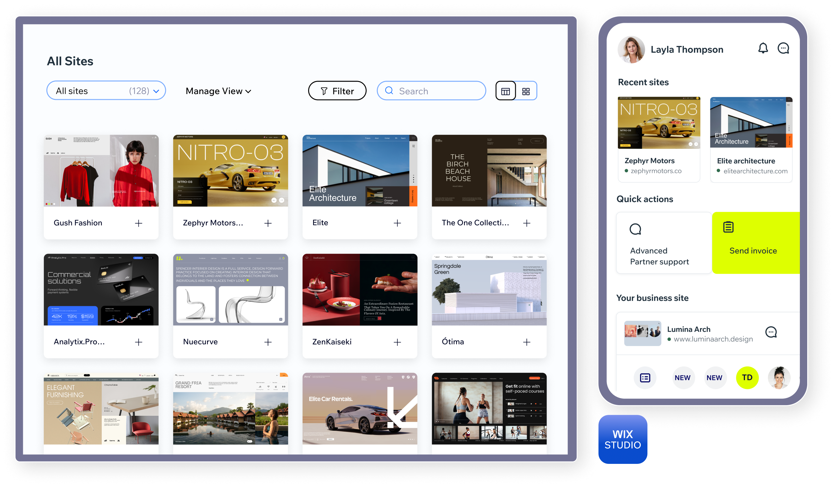 Enterprise Dashboard on desktop showing a grid of sites, next to the Wix Studio mobile app with recent sites and quick actions.