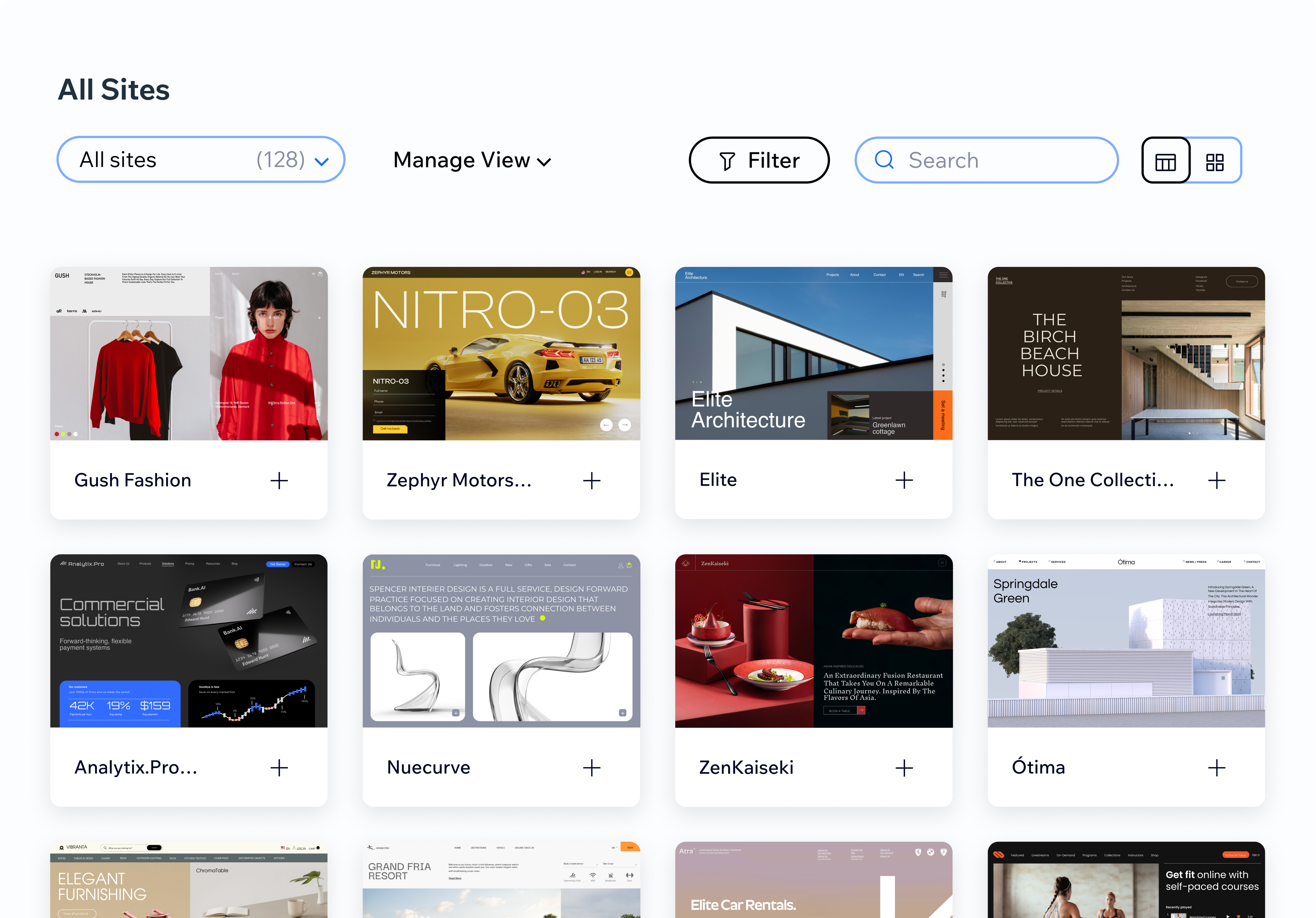 Enterprise Dashboard 'All Sites' view showing 128 sites as a grid of thumbnails, with filter, search and view options.