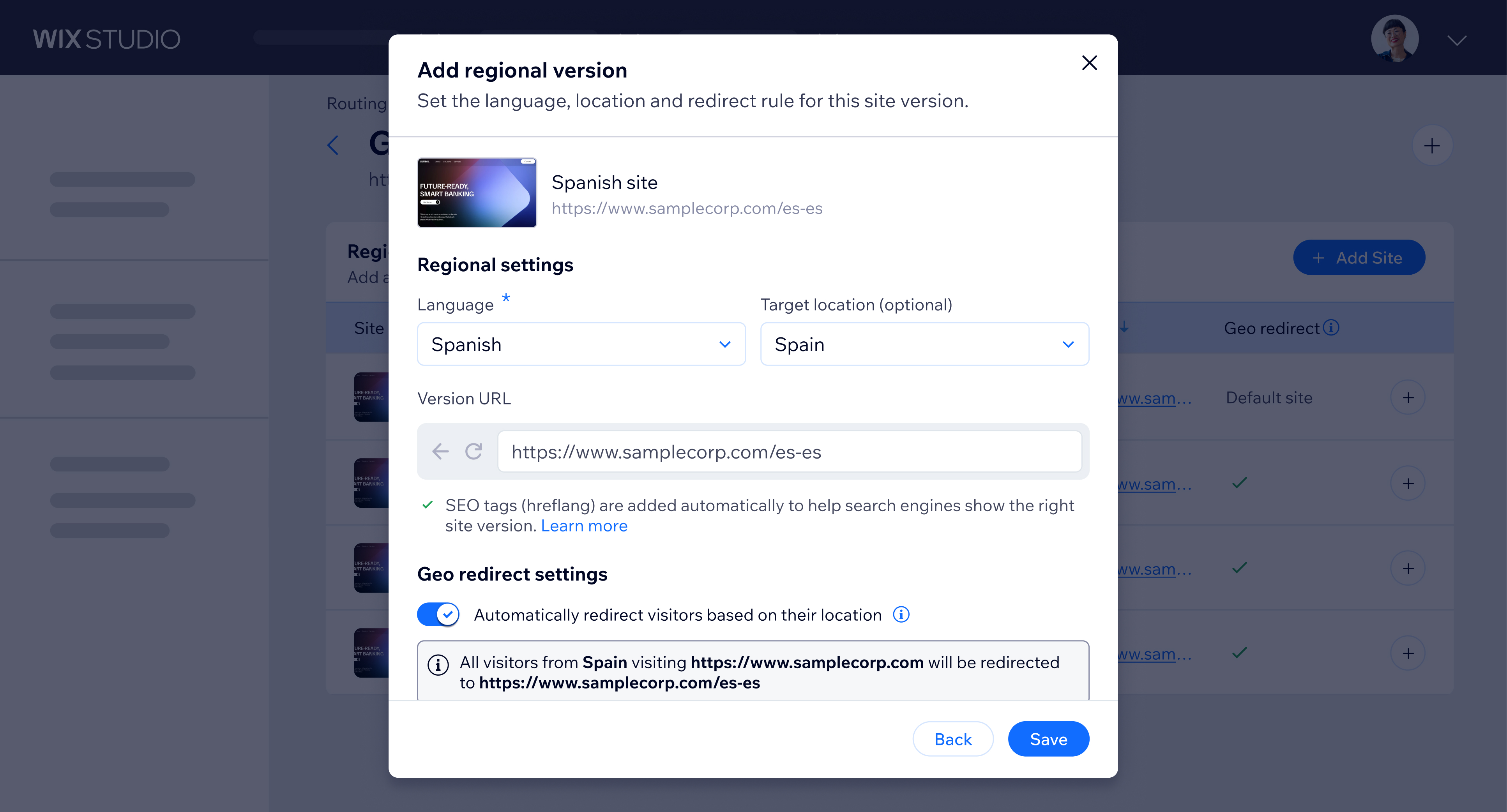 Dialog for adding a Spanish regional version of a site, with language, target location and automatic redirect for visitors in Spain.