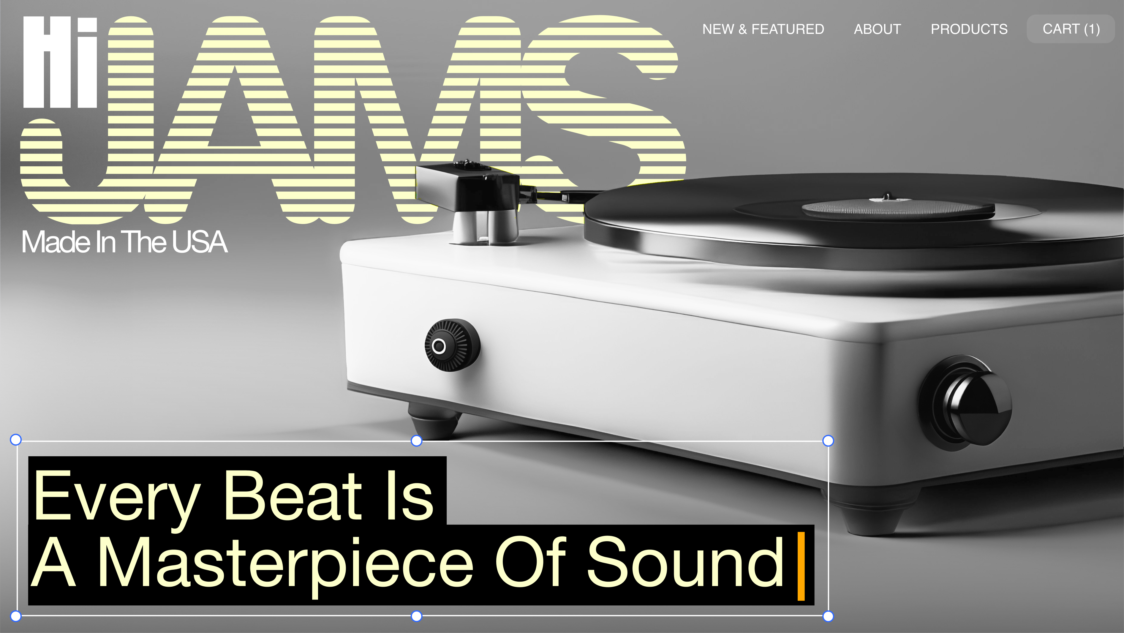 Example turntable store homepage with the headline 'Every Beat Is A Masterpiece Of Sound' being edited with AI.