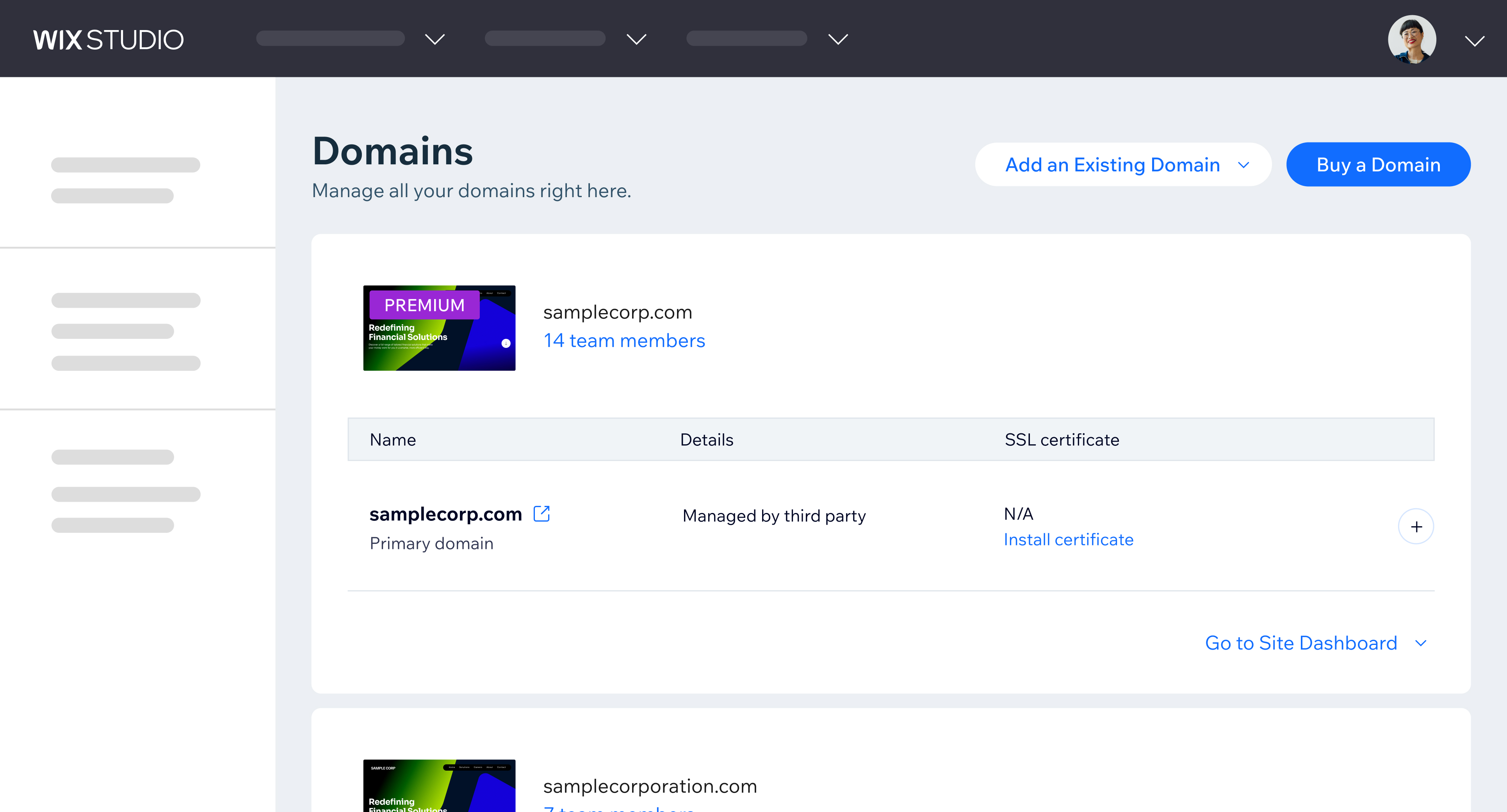 Enterprise Dashboard Domains page listing each domain's team members, provider and SSL status, with options to buy or add a domain.