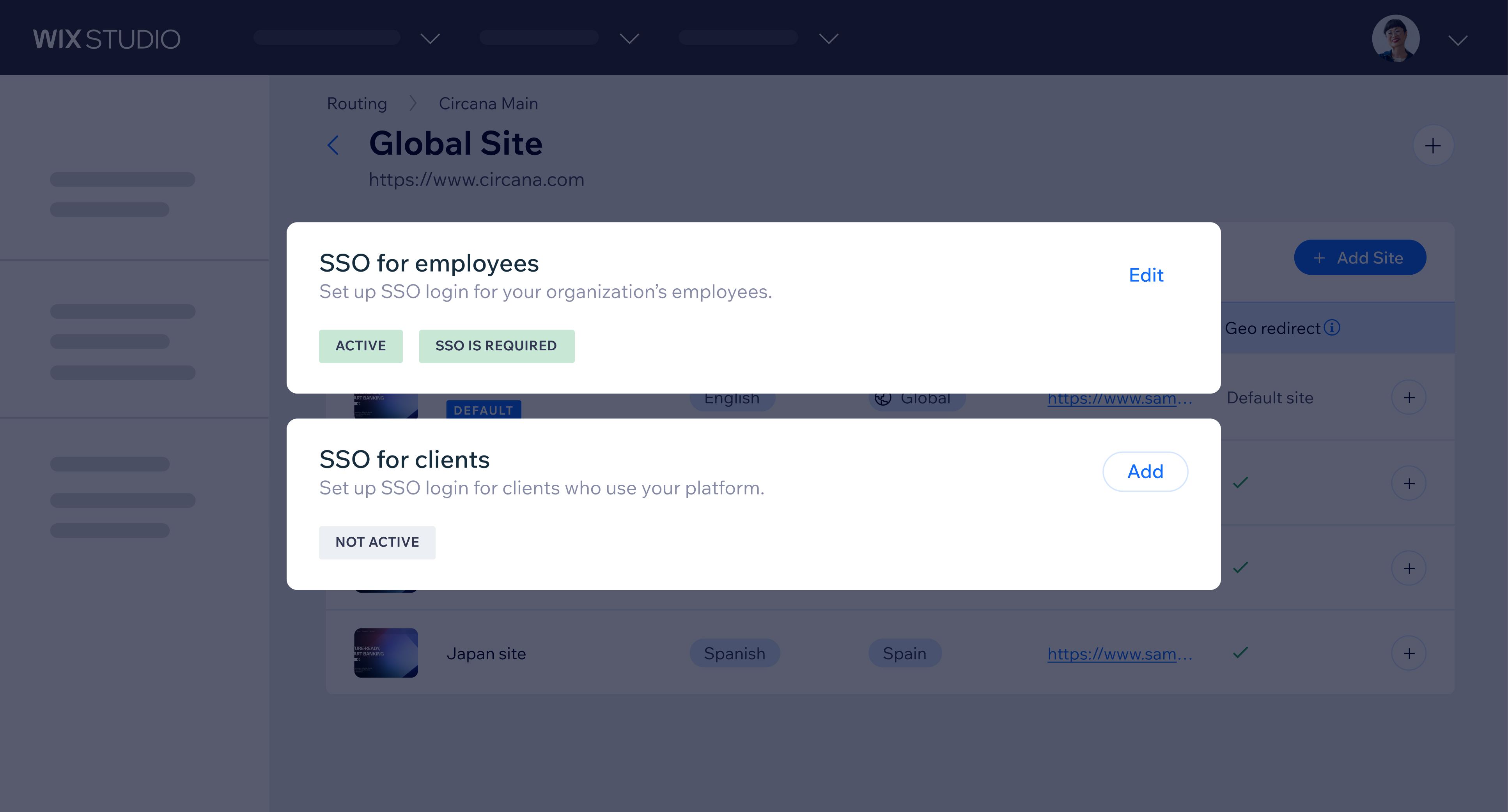 Routing page with panels showing employee SSO as active and required, and client SSO not yet active, with an Add button.