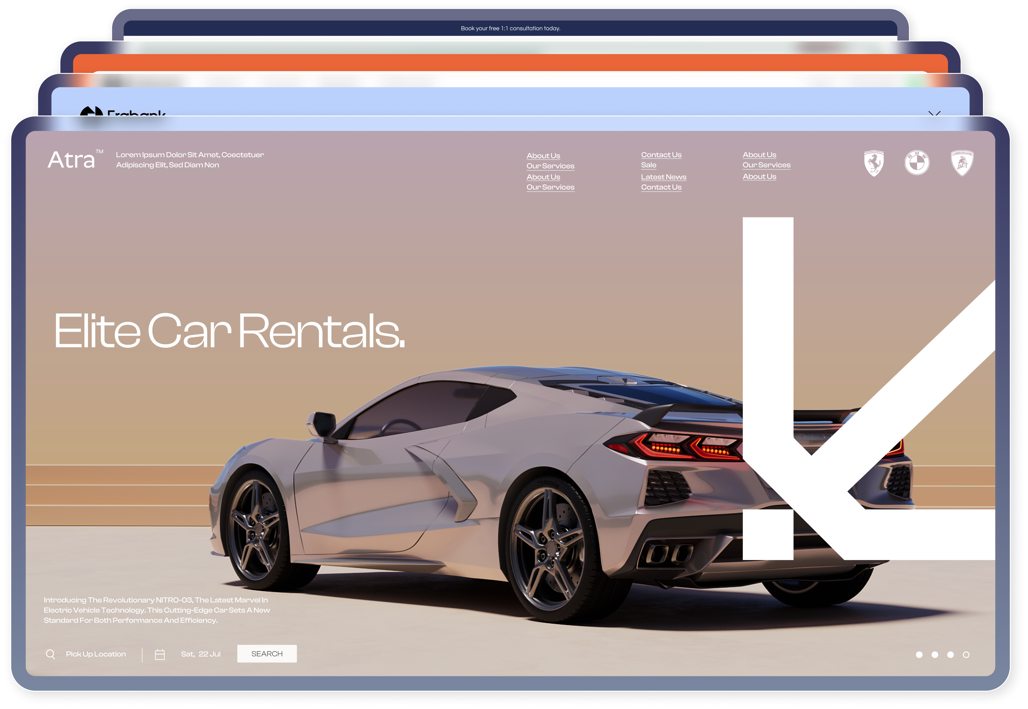 Example websites for different brands stacked like templates, with a car rental site in front.