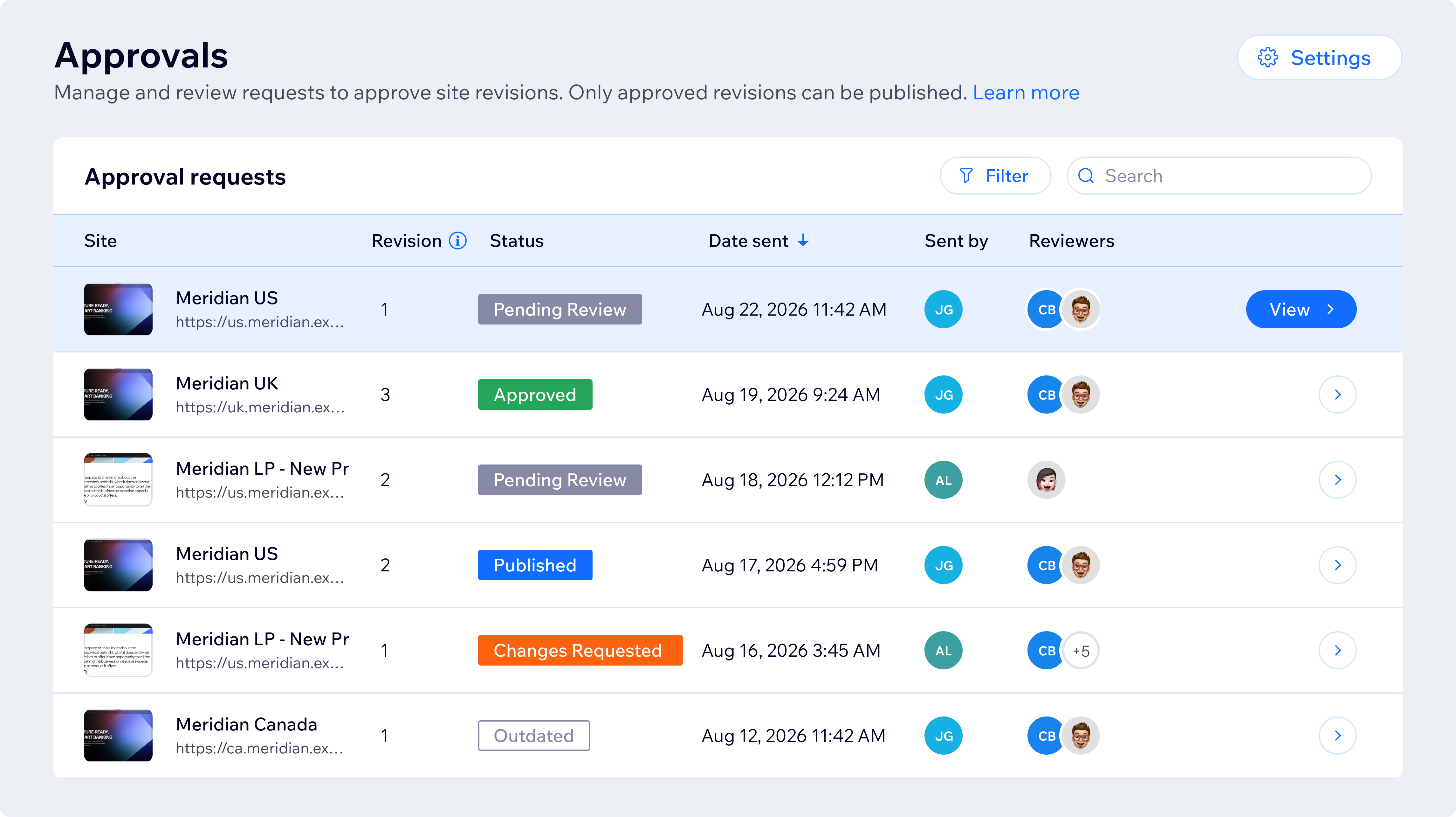 Enterprise Dashboard Approvals page listing site revisions with statuses like Pending Review, Approved, Published and Changes Requested.