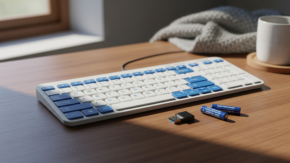 Eye-level view of Logitech MK270 wireless keyboard with batteries and USB receiver