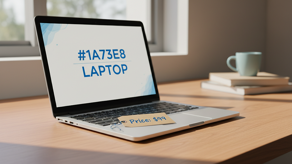 Eye-level view of a laptop on a wooden desk with a price tag