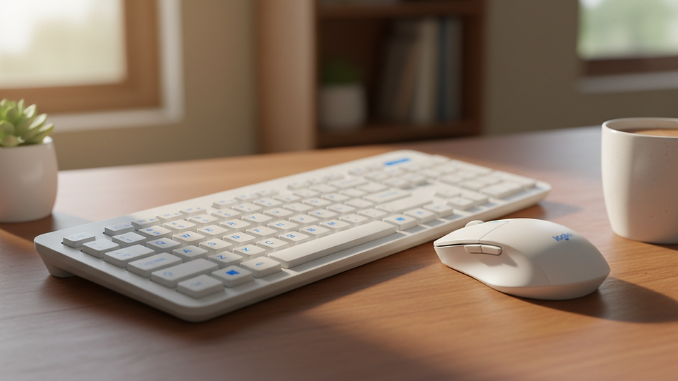 Close-up view of Logitech MK270 wireless keyboard and mouse on a wooden desk