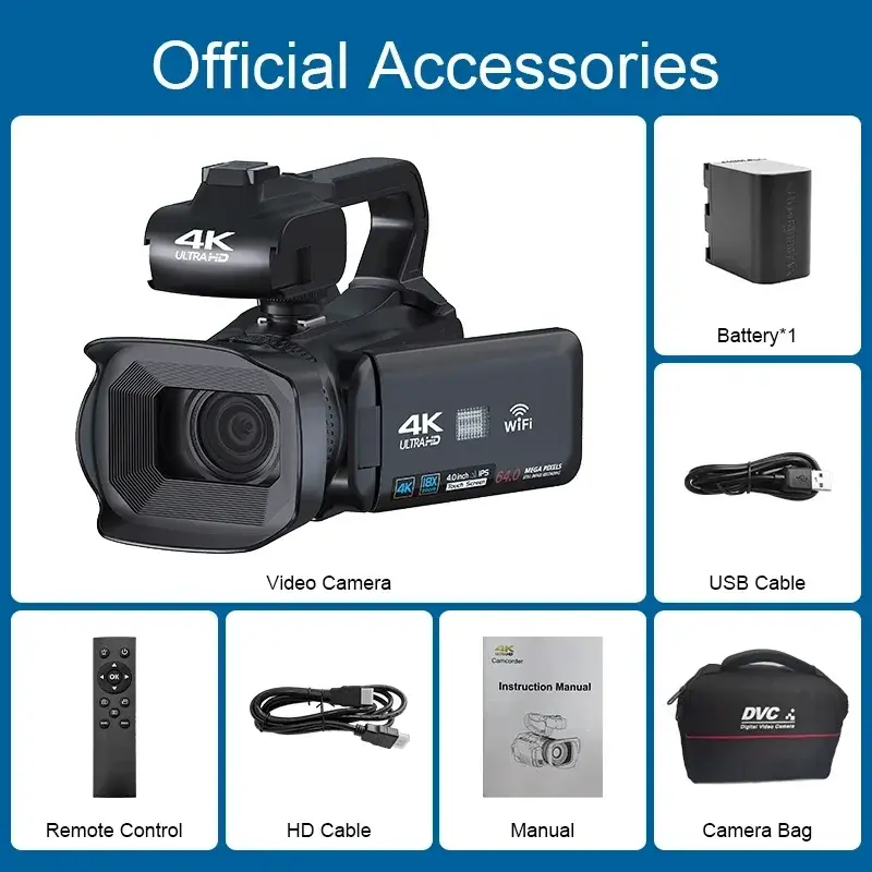 4k Camcorder 64MP Digital Video Camera with Auto Focus 4" Touch Screen
