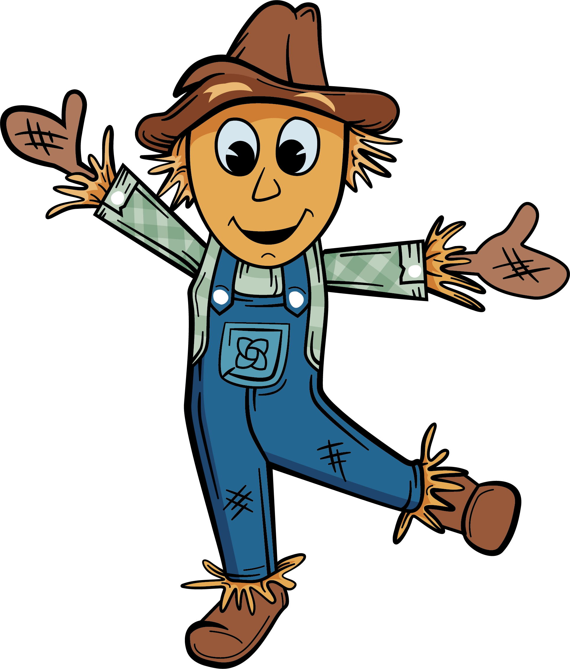 Selmi’s smiling scarecrow mascot in blue overalls.