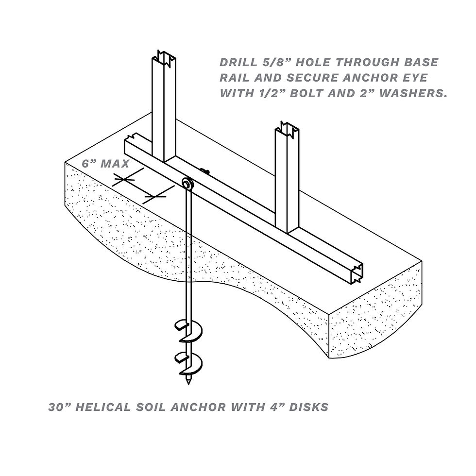 Line drawing of a 30-inch helical soil anchor with 4-inch disks secured through a metal building base rail into the ground, showing a 6-inch max anchor placement from the frame and labeled bolt and washer details.