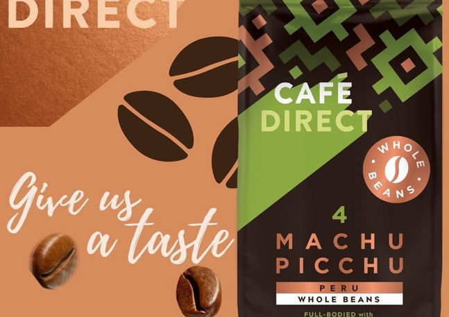 Graphic design piece showcasing Cafe Direct products with tagline 'Give us a taste'