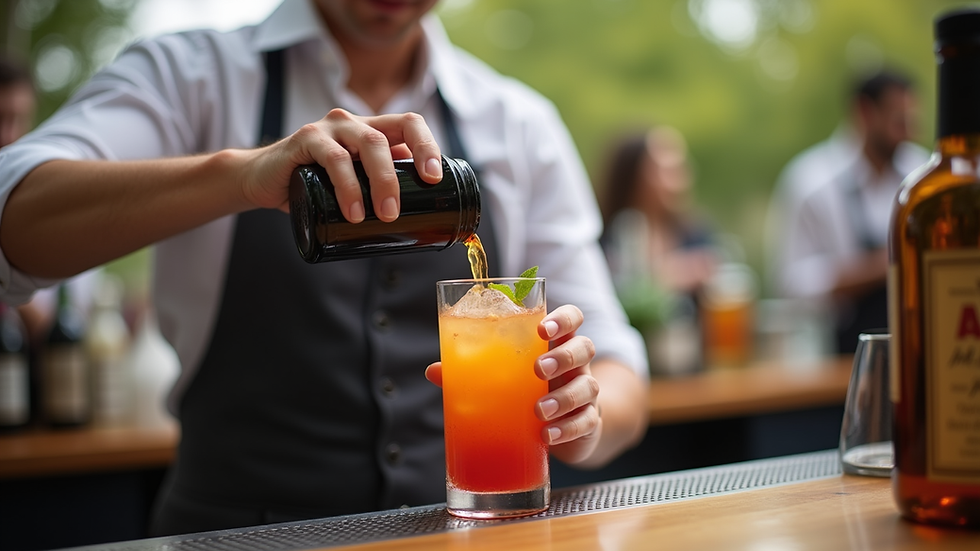 Close-up view of a bartender pouring a cocktail at an outdoor event