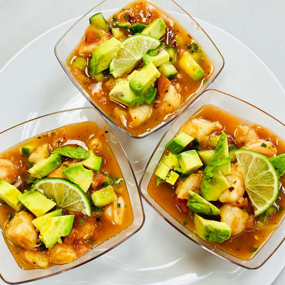 Ceviche cups with shrimp, avocado, cilantro, and lime.