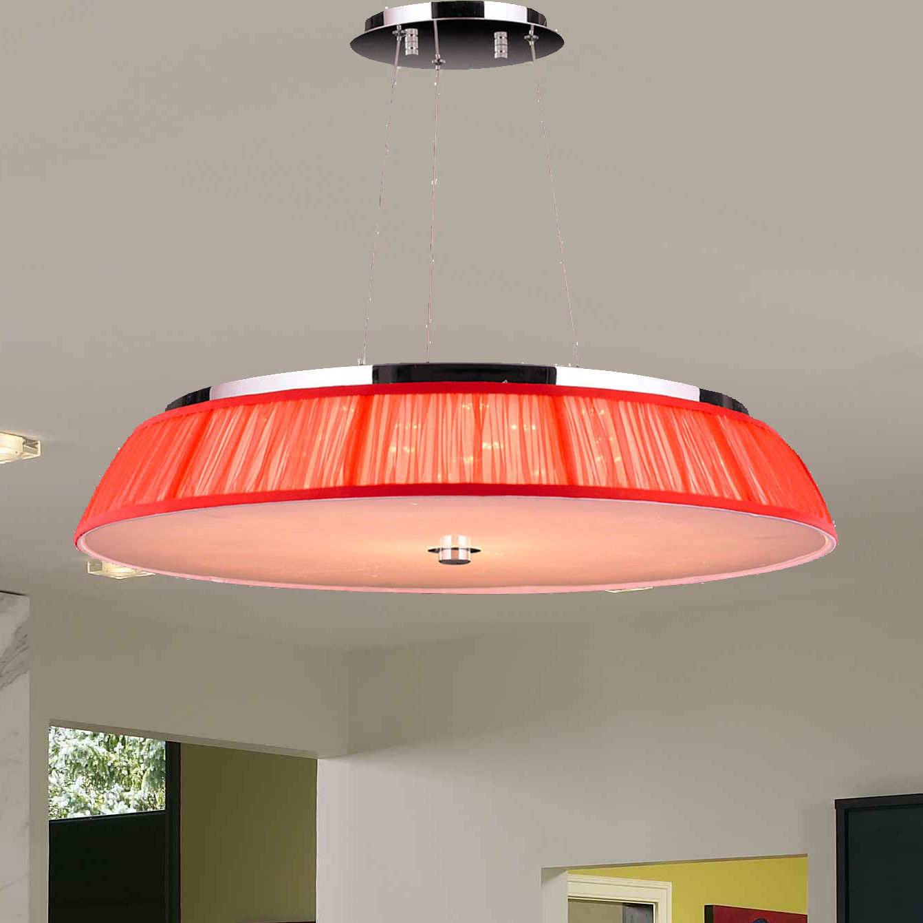 ALICE 21 LIGHT LED PENDANT LIGHT CHROME FINISH RED SHADE