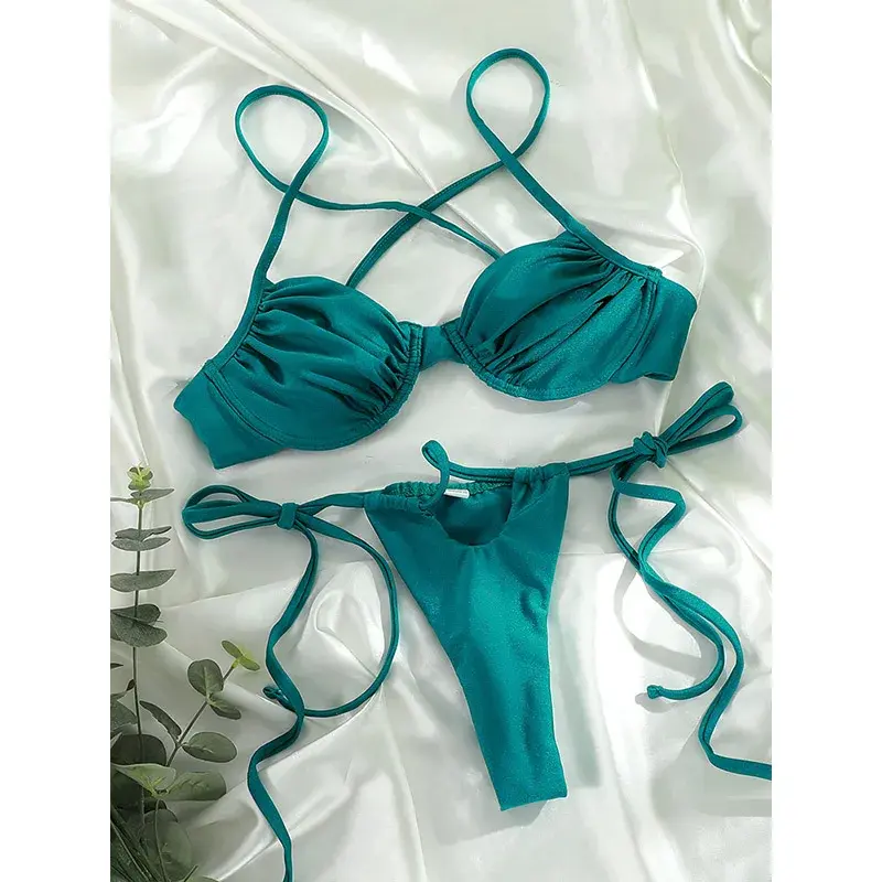 Thumbnail: Women’s Patchwork Push-Up Micro Thong Bikini Set Bandage Swimwear