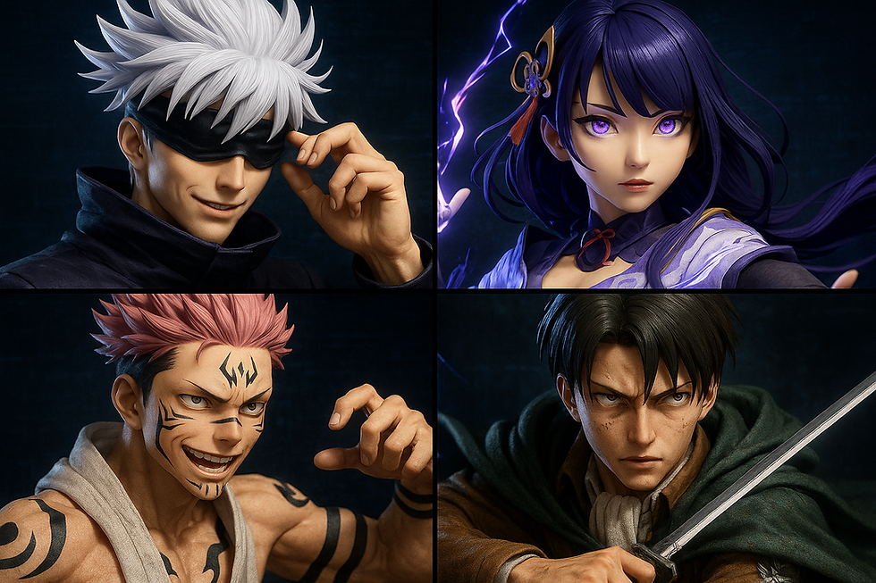 Collage of anime-style characters: Gojo Satoru, Raiden Shogun, Sukuna, Levi Ackerman, in dynamic pose against a dark, digital background.