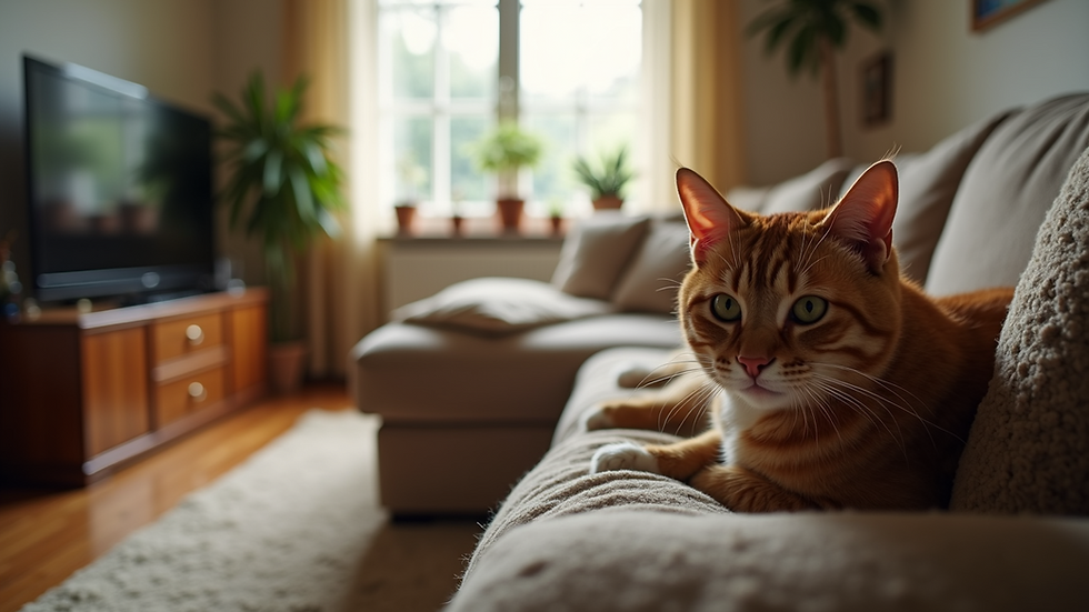 Eye-level view of a cozy living room with a cat resting on a couch