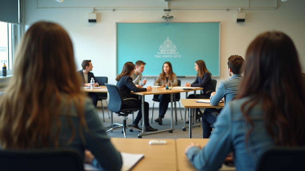 Eye-level view of a classroom with students engaged in a group discussion