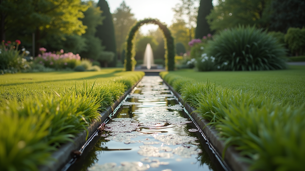 Eye-level view of a serene garden with a peaceful water feature