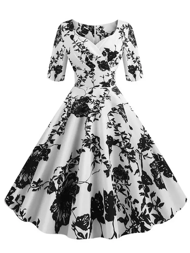 Miniatura: Vestido de outono com estampa floral feminina casual de inverno manga meia,