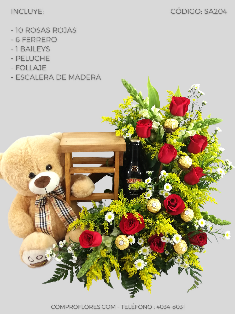 Escalera con rosas rojas, ferrer, baileys y peluche