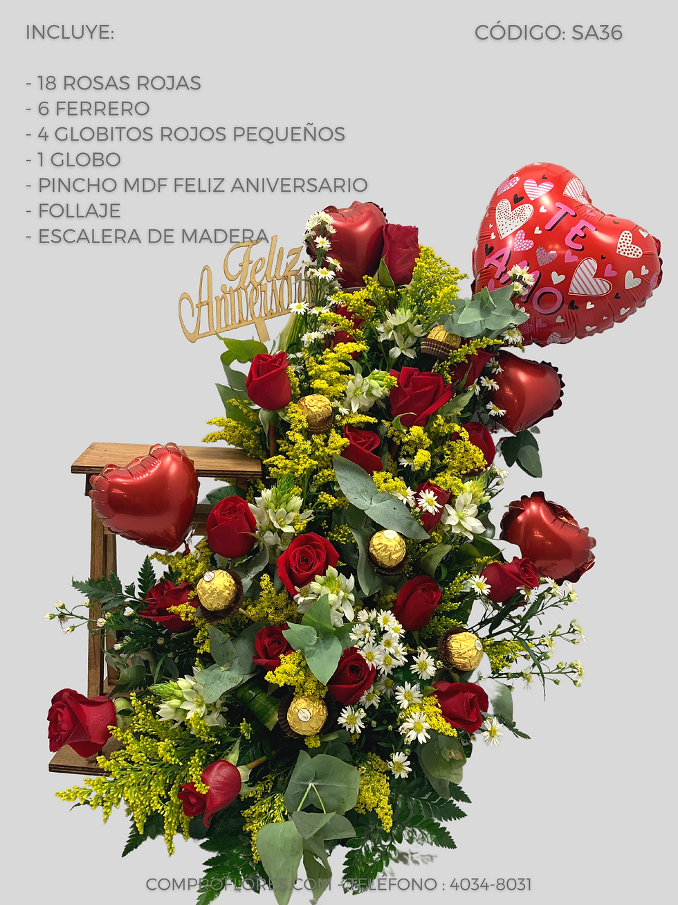 Arreglo en base de escalera con 18 Rosas rojas